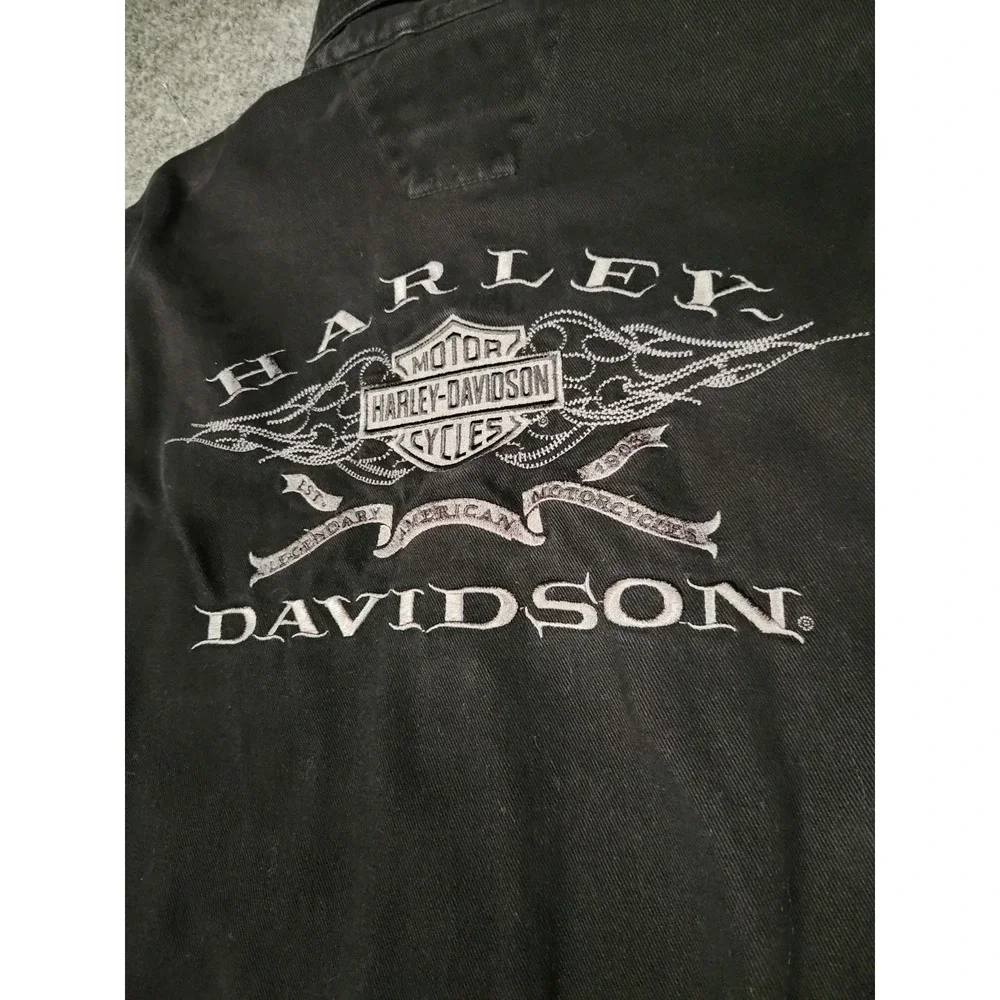 Harley Davidson Vintage 2003 Men Black Canvas Work Shirt Jacket Logo 96120-04VM